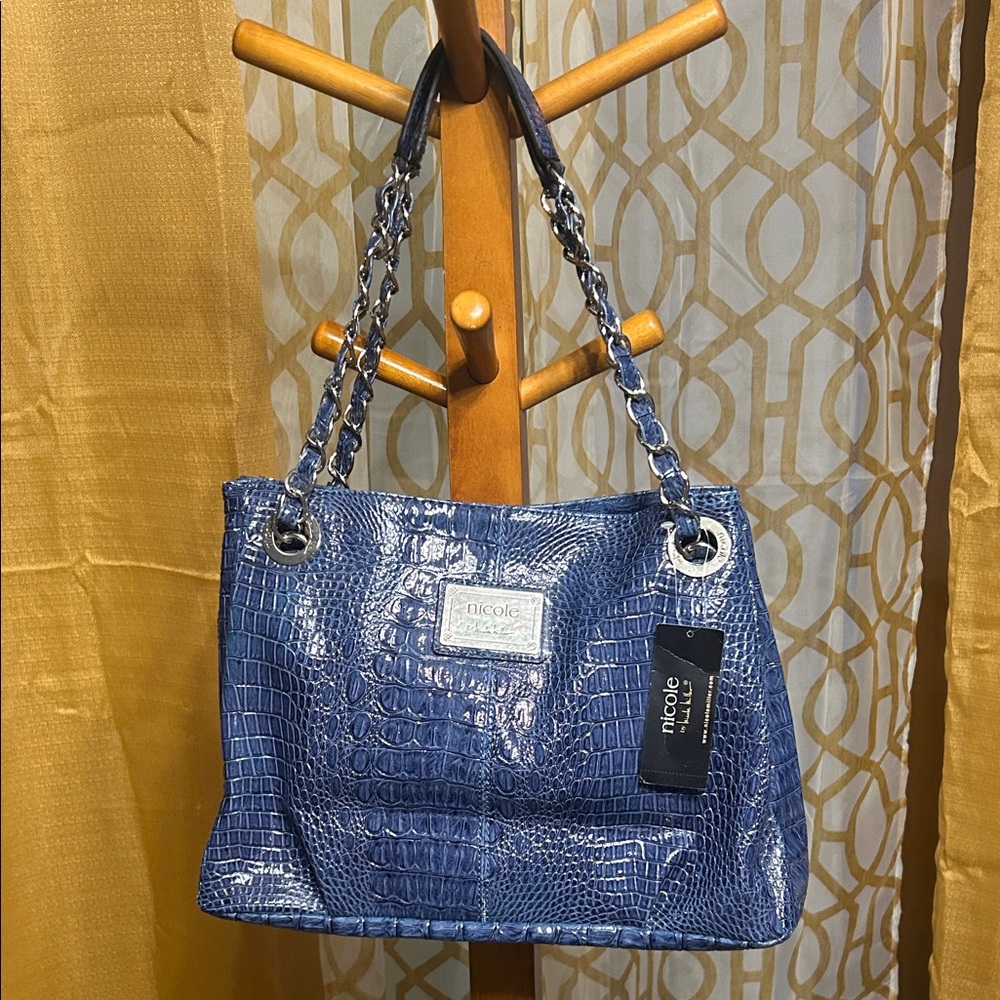 Nicole Miller Shiny Blue Croc-Embossed Shoulder Bag